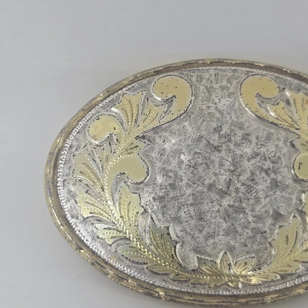 Vintage Western Belt Buckle Silver Gold Tone Floral Filigree Engraved Oval‎ USA